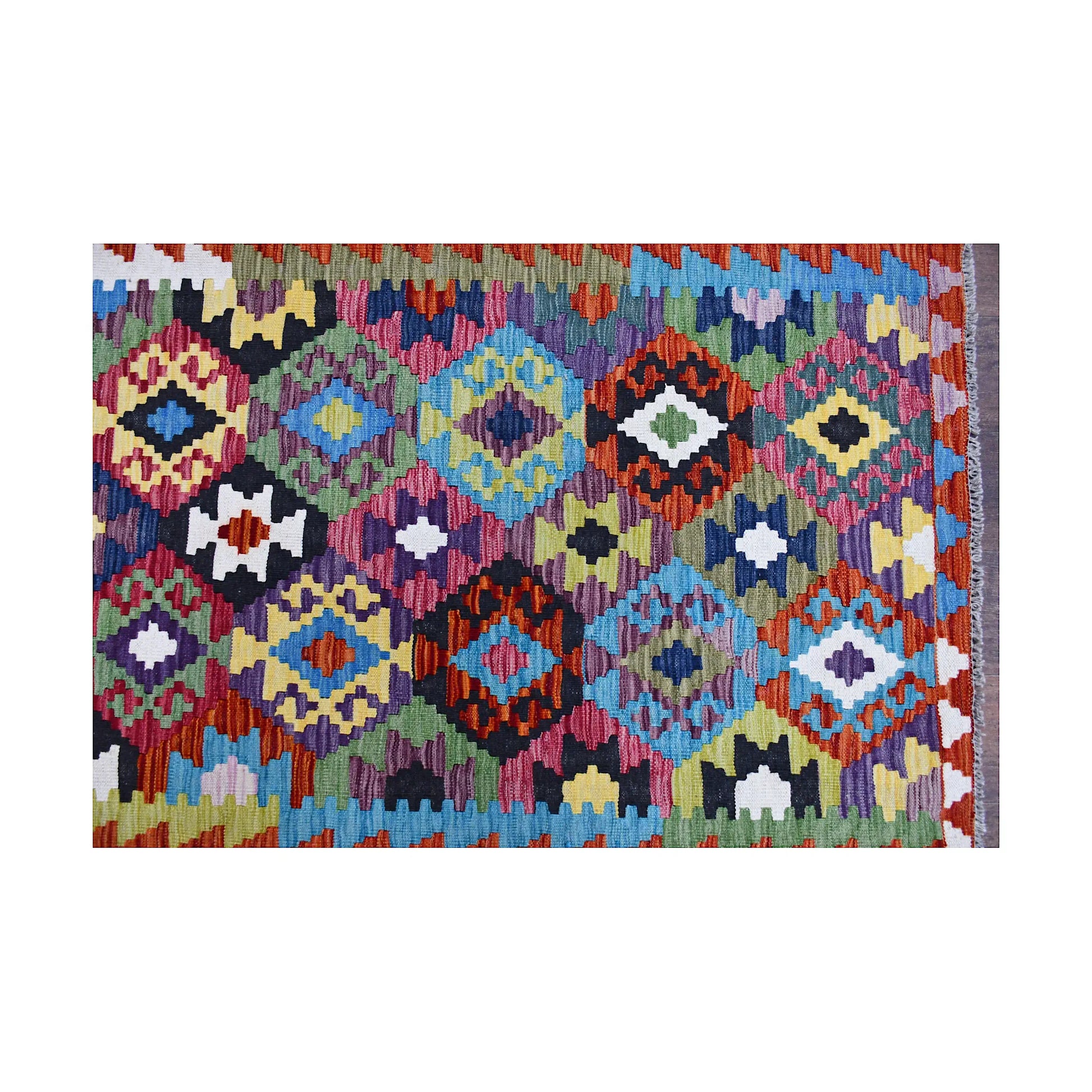 Colour lattice detail of Afghan Chobi Kilim runner showing repeated diamond motifs and multicolour flatweave design