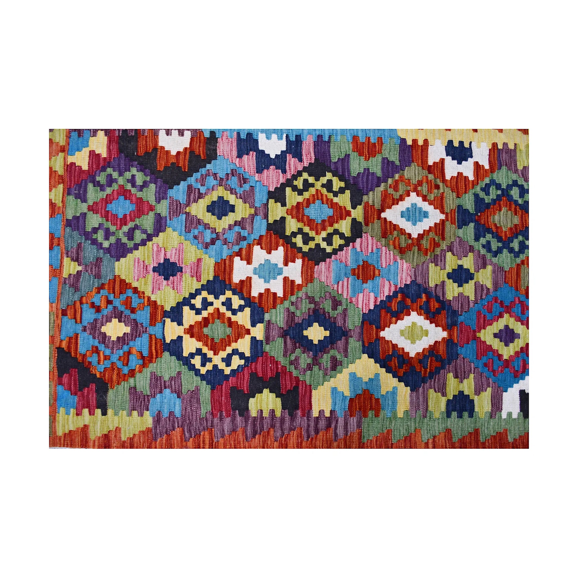 Diamond pattern detail of Afghan Chobi Kilim runner with blue, red, green, ivory and burgundy motifs