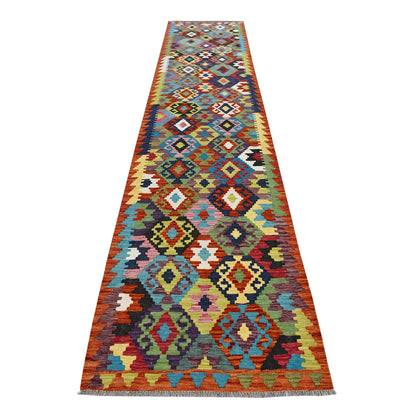 Afghan Chobi Kilim runner 387 x 87 cm full view with multicolour diamond lattice pattern