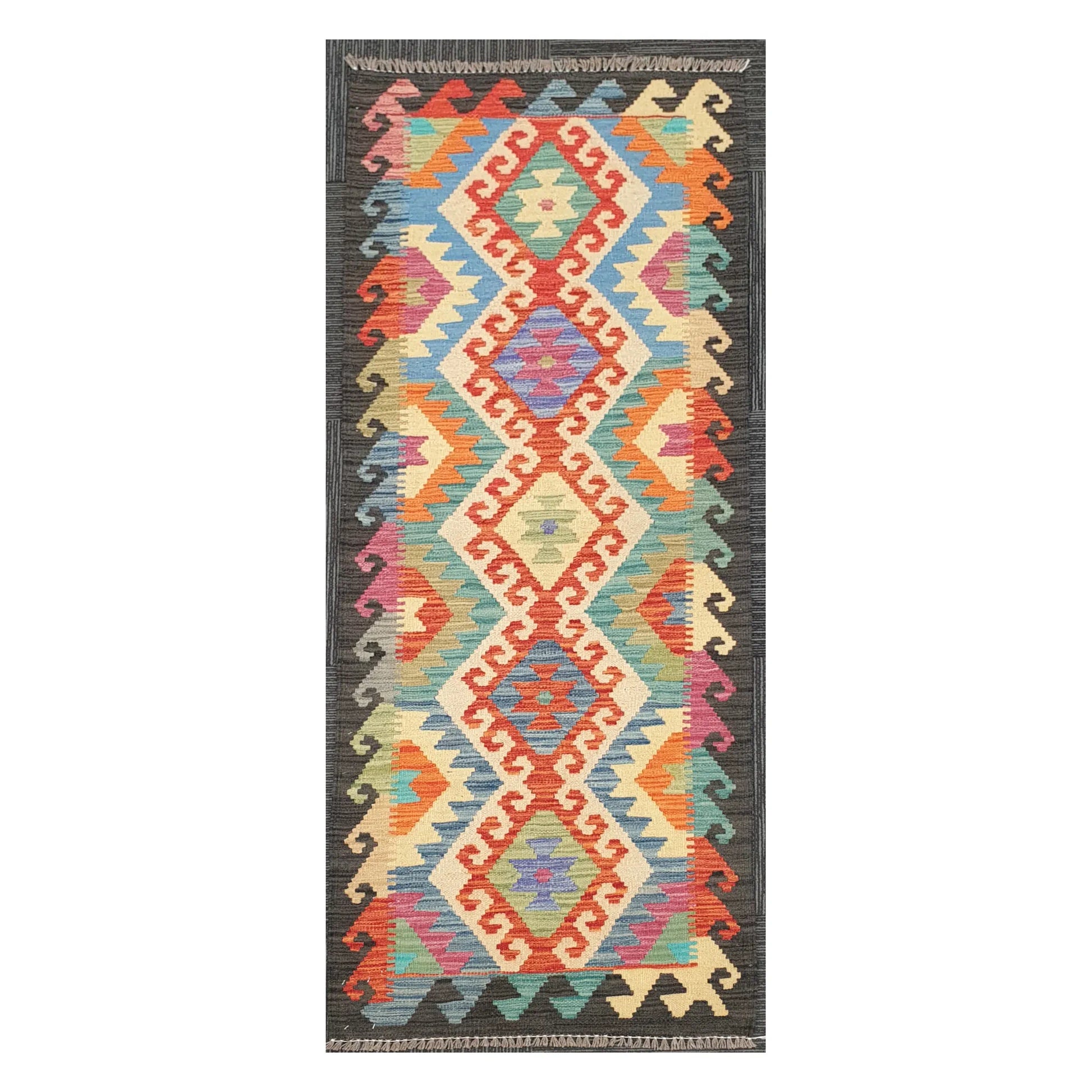 Full view of Afghan Chobi Kilim handwoven wool runner rug with coral linked diamond design, 194 x 63 cm