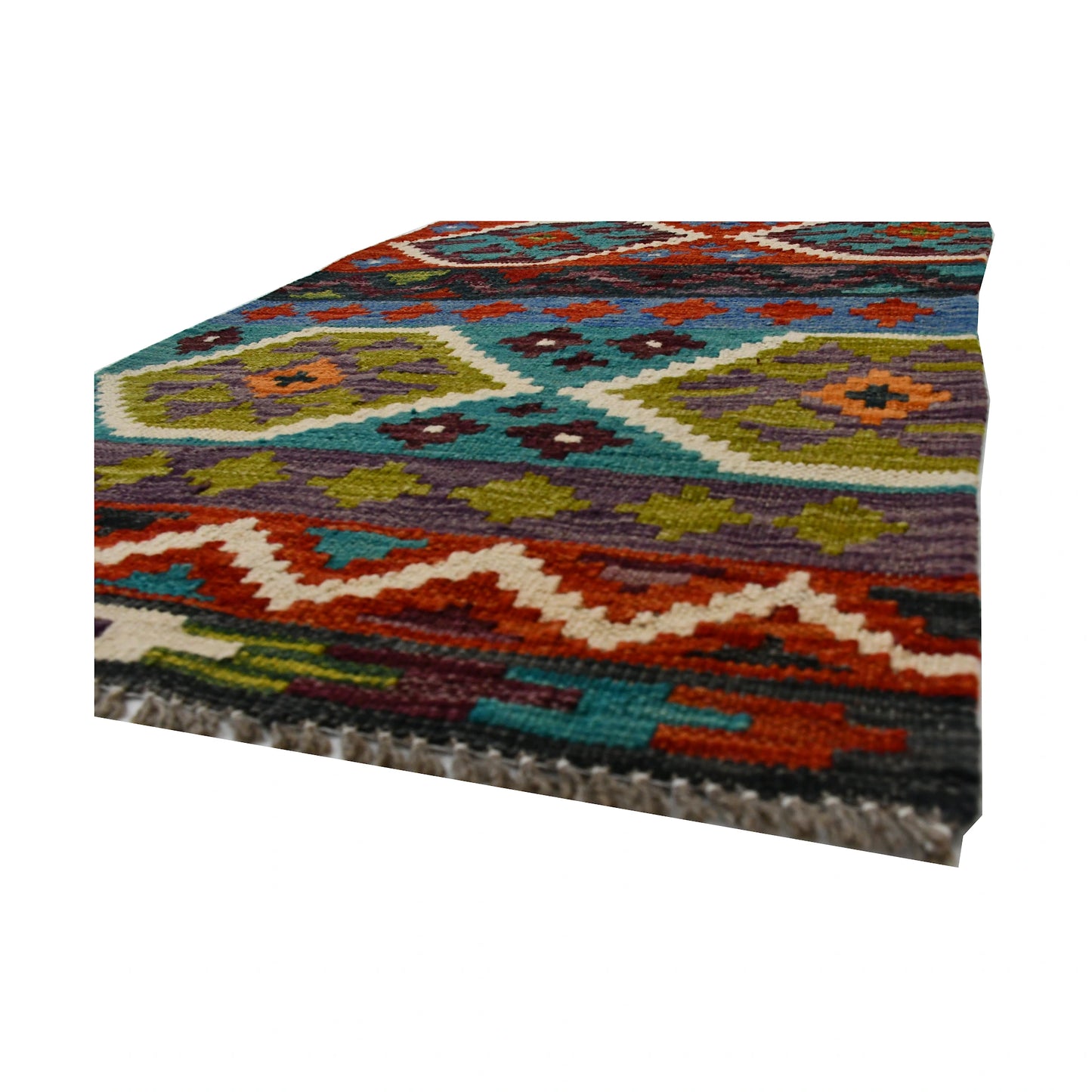 Angled fringe and flatweave detail of Afghan Chobi Kilim wool rug showing teal, rust, olive and burgundy geometric pattern