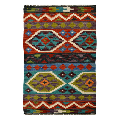 Afghan Chobi Kilim wool rug 103 x 60 cm full view with teal diamond stripe panel, rust border and fringe