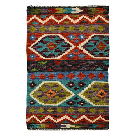 Afghan Chobi Kilim wool rug 103 x 60 cm full view with teal diamond stripe panel, rust border and fringe
