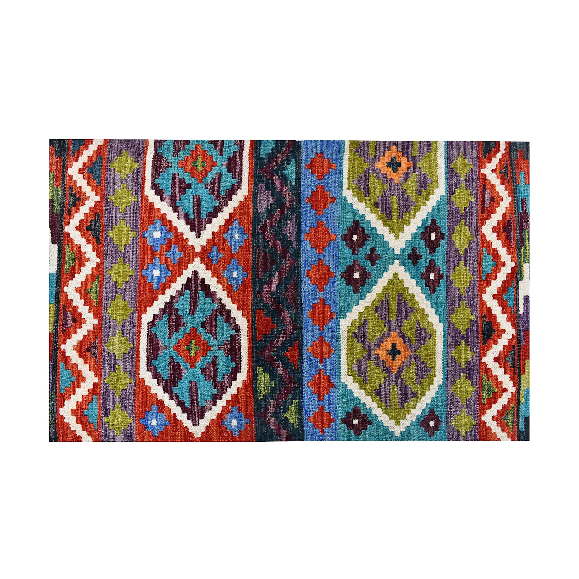 Close-up of Afghan Chobi Kilim wool rug showing teal diamond panels, vertical stripe detail and multicolour tribal motifs