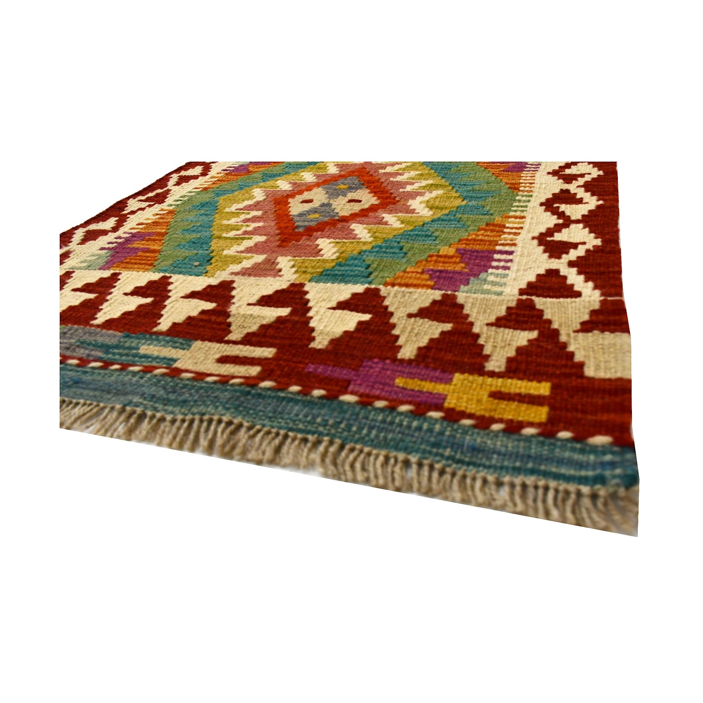 Angled fringe and flatweave detail of Afghan Chobi Kilim wool rug showing teal, burgundy, ivory and rust geometric pattern