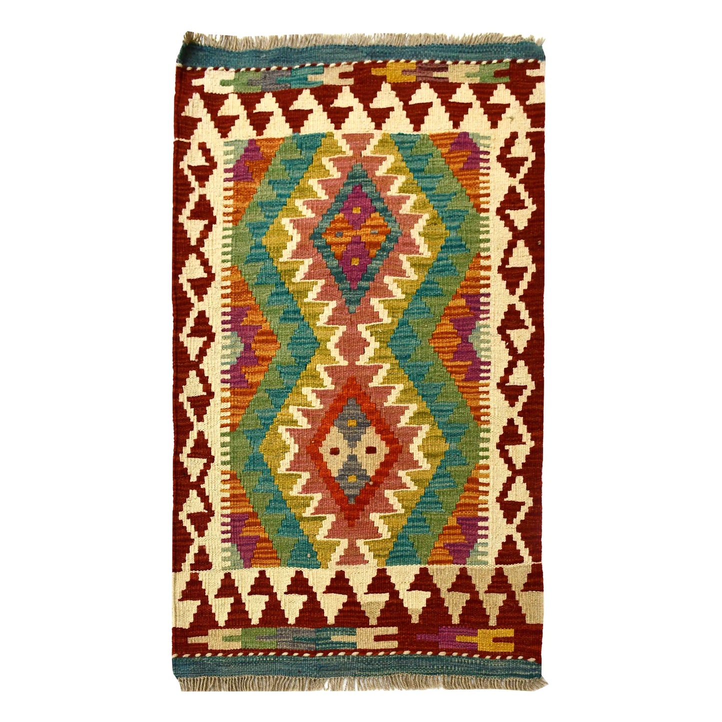 Afghan Chobi Kilim wool rug 104 x 61 cm full view with teal zigzag diamond panel, burgundy border and fringe