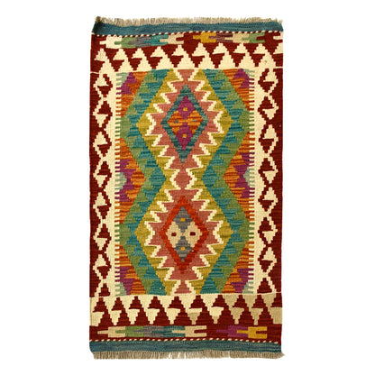Afghan Chobi Kilim wool rug 104 x 61 cm full view with teal zigzag diamond panel, burgundy border and fringe