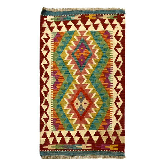 Afghan Chobi Kilim wool rug 104 x 61 cm full view with teal zigzag diamond panel, burgundy border and fringe