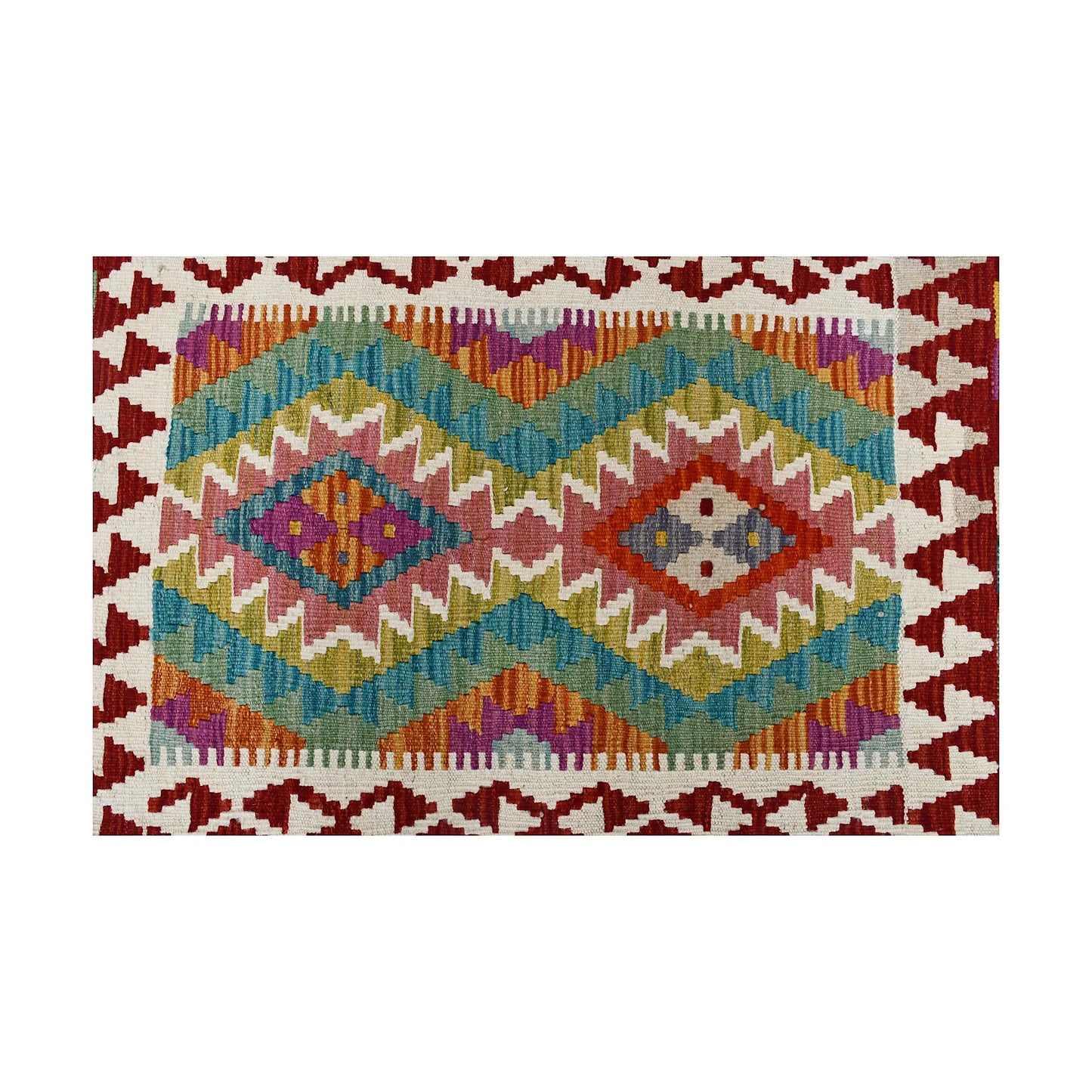 Close-up of Afghan Chobi Kilim wool rug showing teal zigzag diamond panel with burgundy, ivory and mustard border motifs