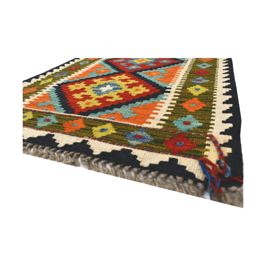 Angled fringe and flatweave detail of Afghan Chobi Kilim wool rug showing turquoise, rust, ivory and black geometric pattern
