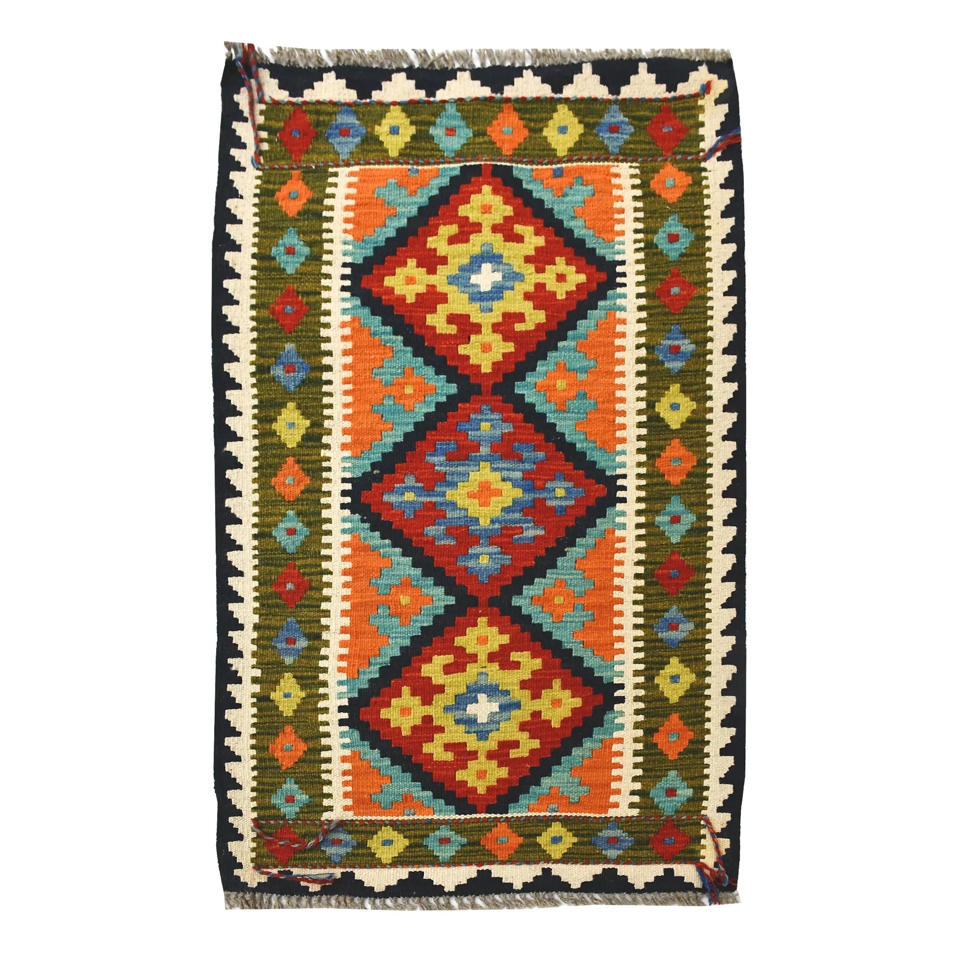 Afghan Chobi Kilim wool rug 104 x 62 cm full view with turquoise field, triple diamond panel and fringe