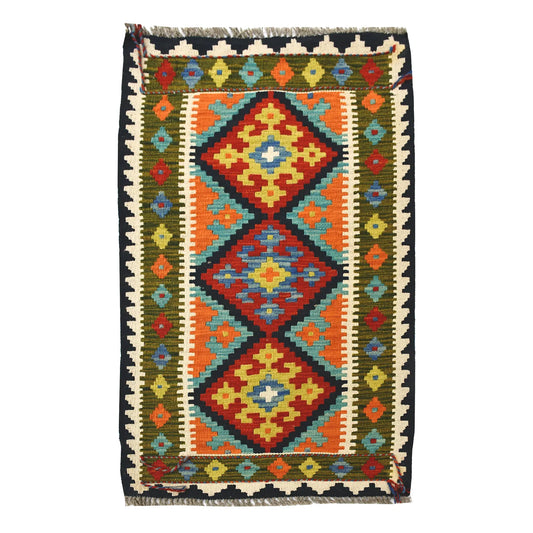 Afghan Chobi Kilim wool rug 104 x 62 cm full view with turquoise field, triple diamond panel and fringe