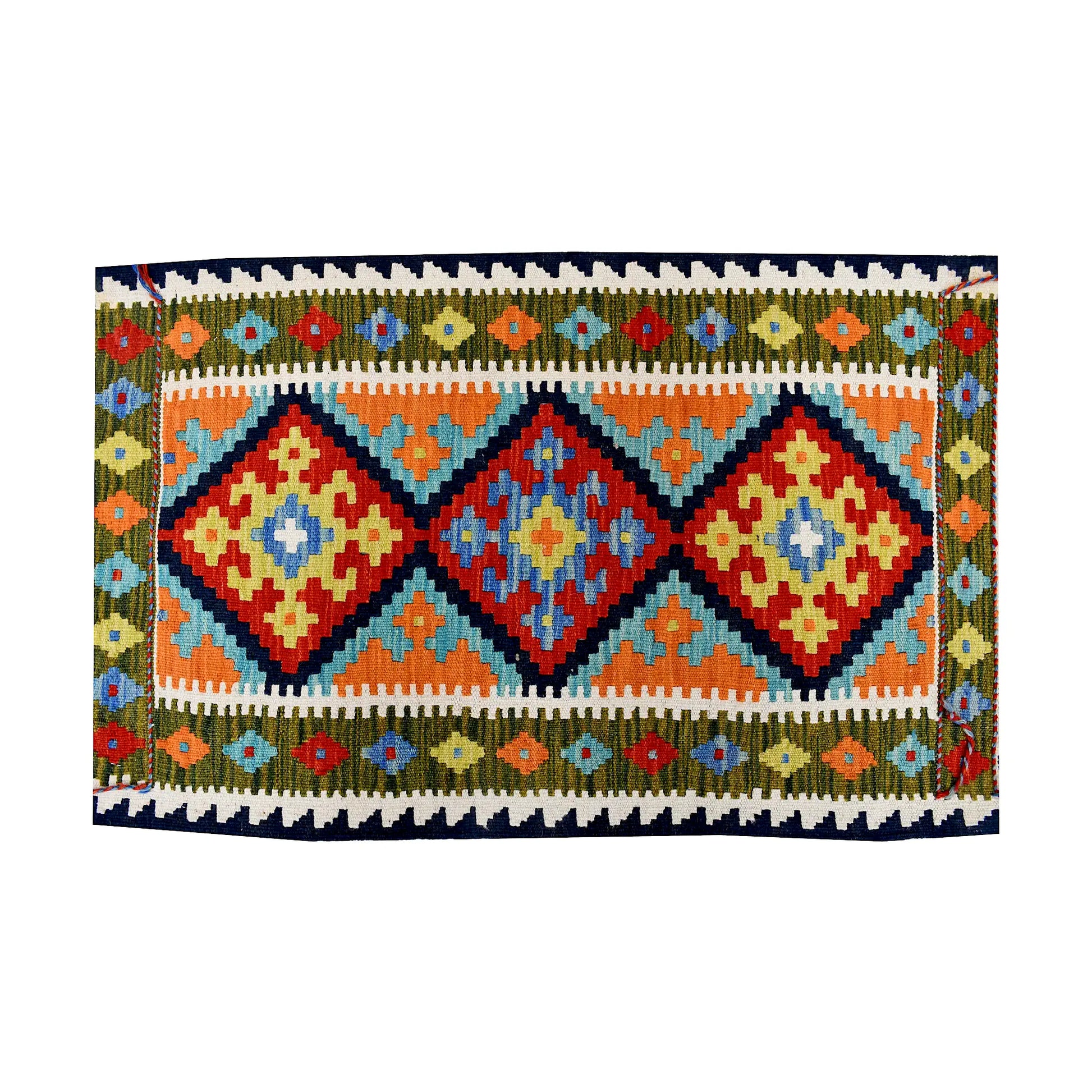 Close-up of Afghan Chobi Kilim wool rug showing turquoise triple diamond panel with rust, ivory and olive border motifs