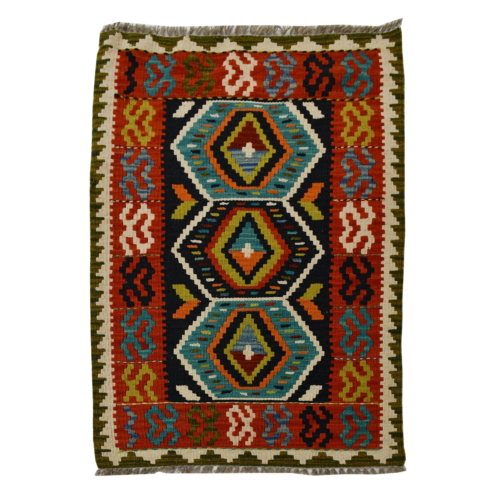 Afghan Chobi Kilim wool rug 109 x 60 cm full view with colourful diamond medallions, ivory border and fringe