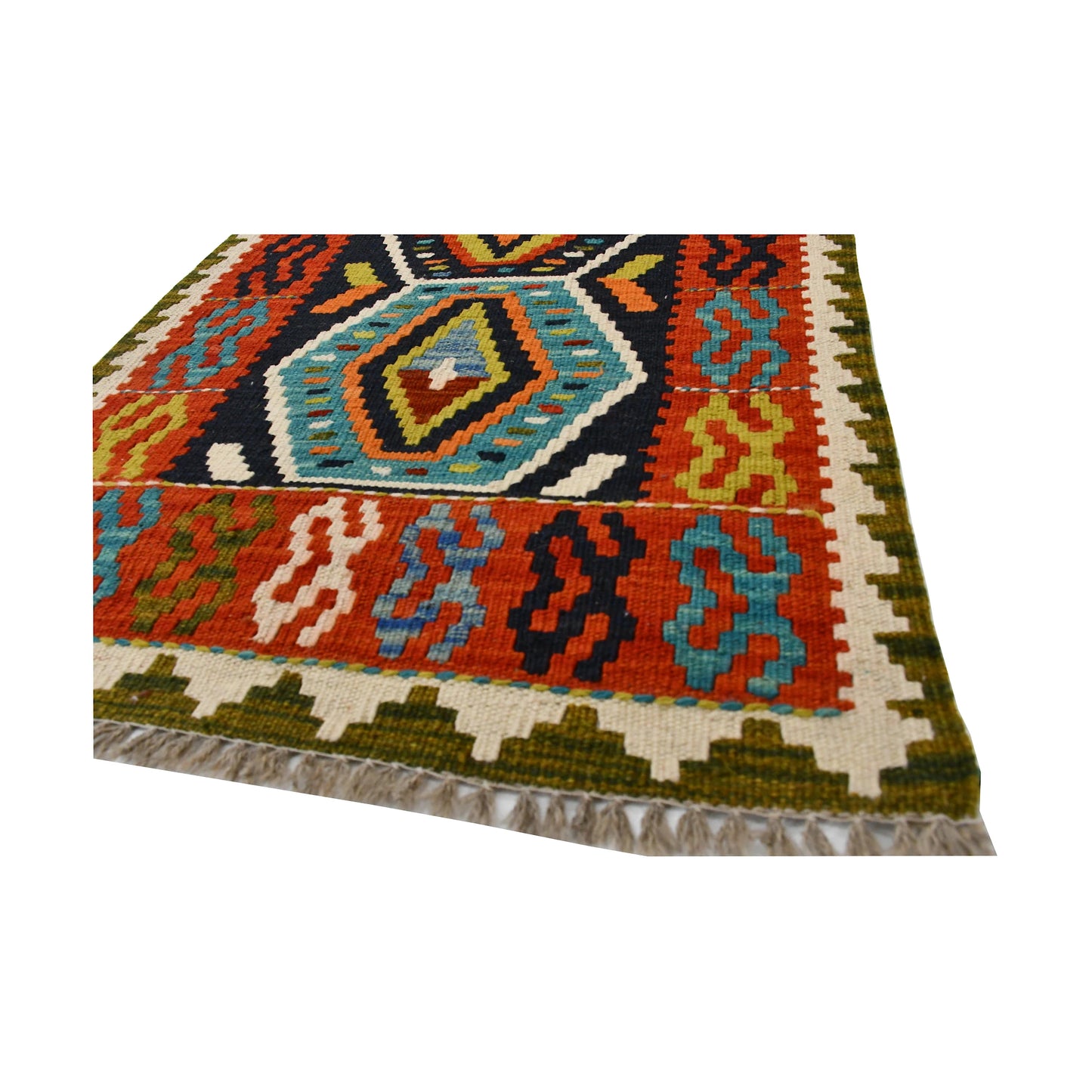 Angled corner and fringe detail of Afghan Chobi Kilim wool rug showing flatwoven texture and multicolour geometric border