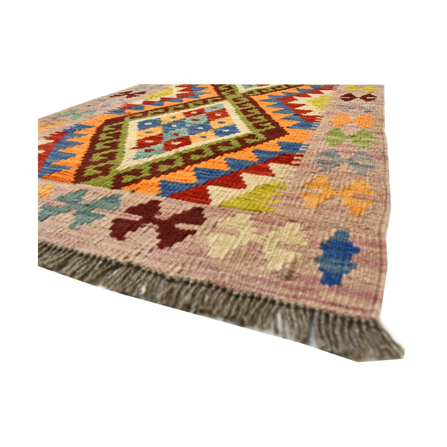 Angled fringe and flatweave detail of Afghan Chobi Kilim wool rug showing beige, rust, teal and olive geometric pattern