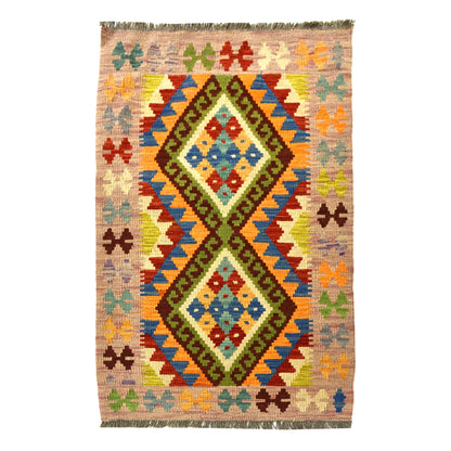 Afghan Chobi Kilim wool rug 110 x 63 cm full view with soft beige ground, double diamond panel and fringe