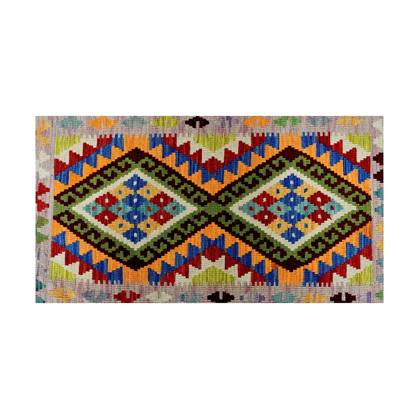 Close-up of Afghan Chobi Kilim wool rug showing soft beige double diamond panel with rust, teal, blue and burgundy motifs