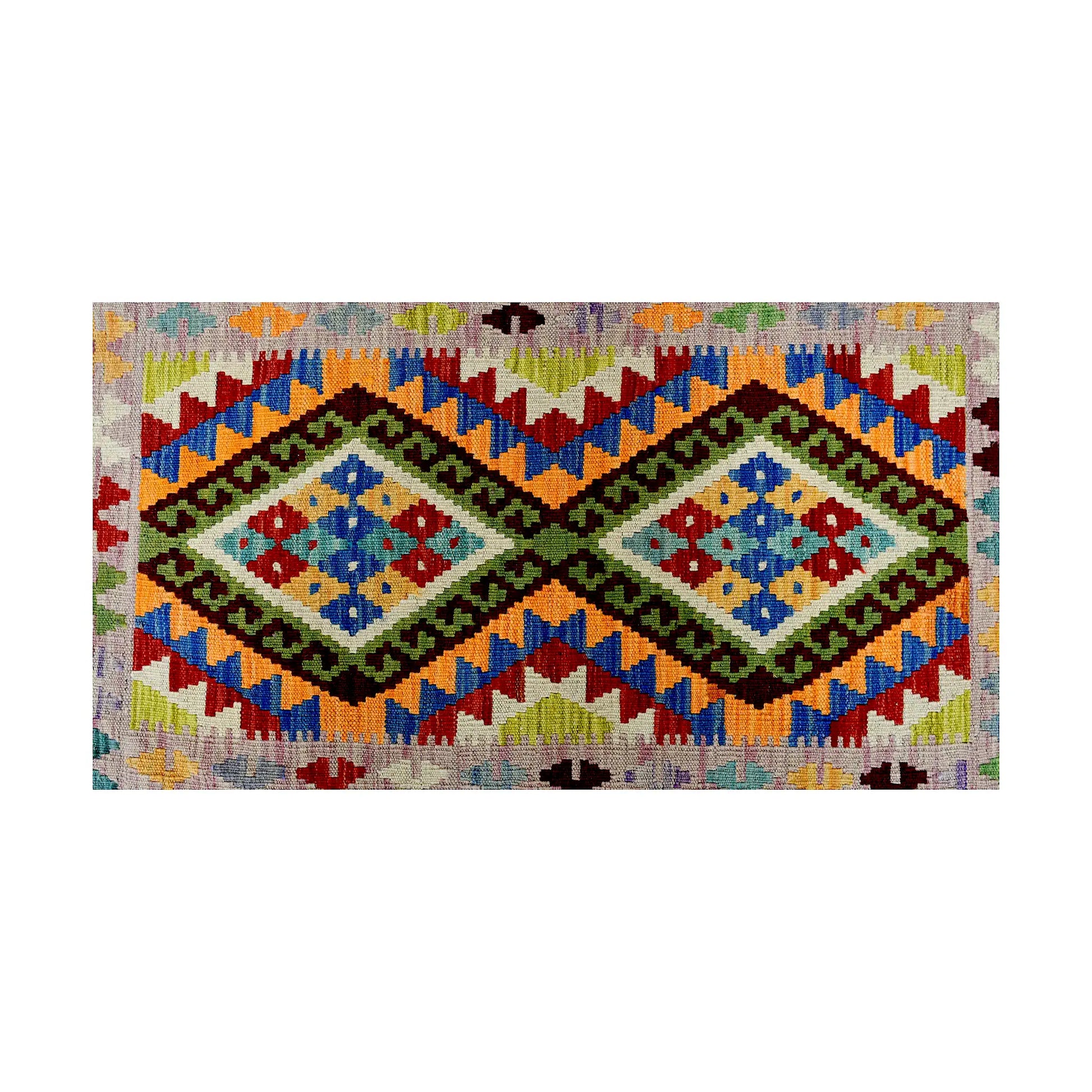 Close-up of Afghan Chobi Kilim wool rug showing soft beige double diamond panel with rust, teal, blue and burgundy motifs