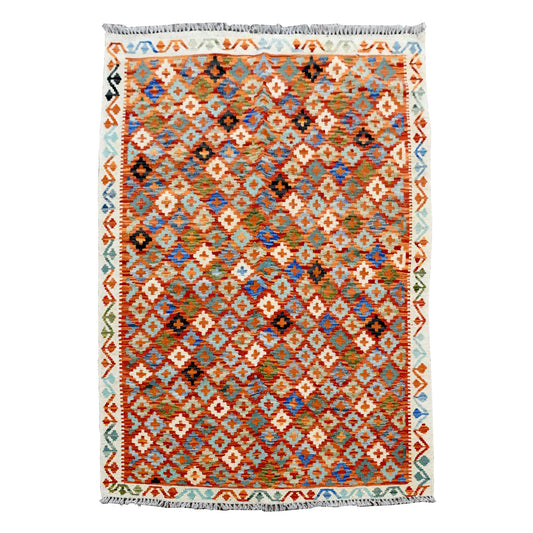 Full view of Afghan Chobi Kilim rug with rust-orange diamond lattice and ivory hooked border, 177 x 129 cm