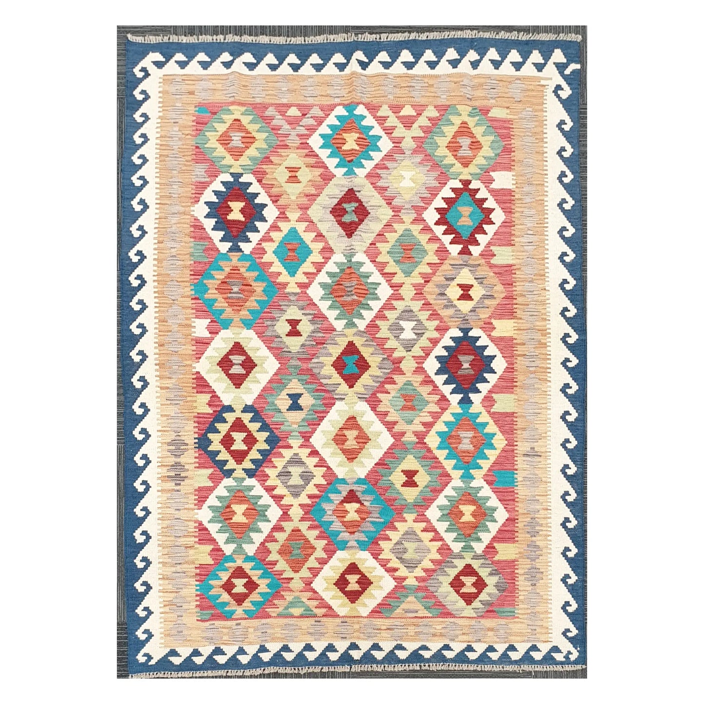Full view of Afghan Chobi Kilim wool rug with ivory diamond lattice and blue border, 178 x 128 cm