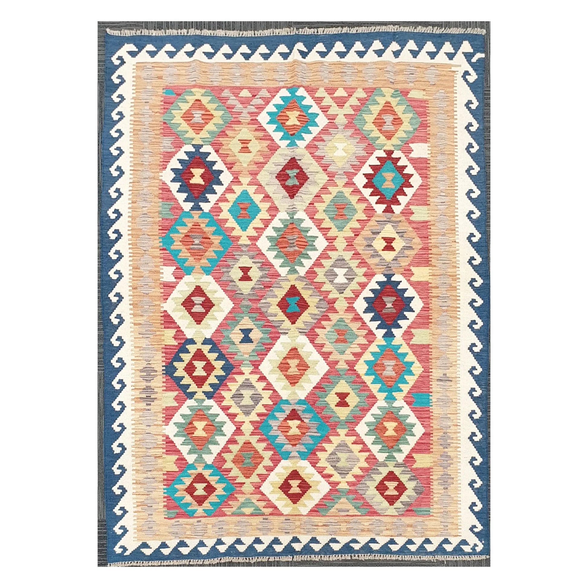 Full view of Afghan Chobi Kilim wool rug with ivory diamond lattice and blue border, 178 x 128 cm