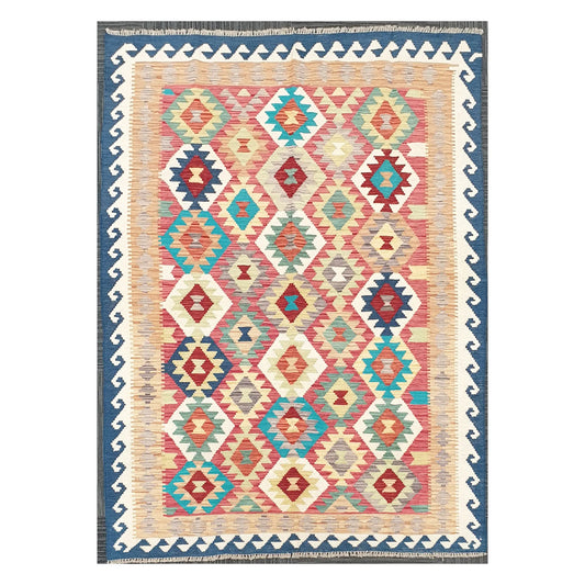 Full view of Afghan Chobi Kilim wool rug with ivory diamond lattice and blue border, 178 x 128 cm