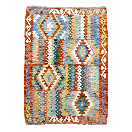 Full view of the Afghan Chobi Kilim rug, 180 x 122 cm, with four offset stepped diamonds, multicoloured geometric bands and a terracotta border.