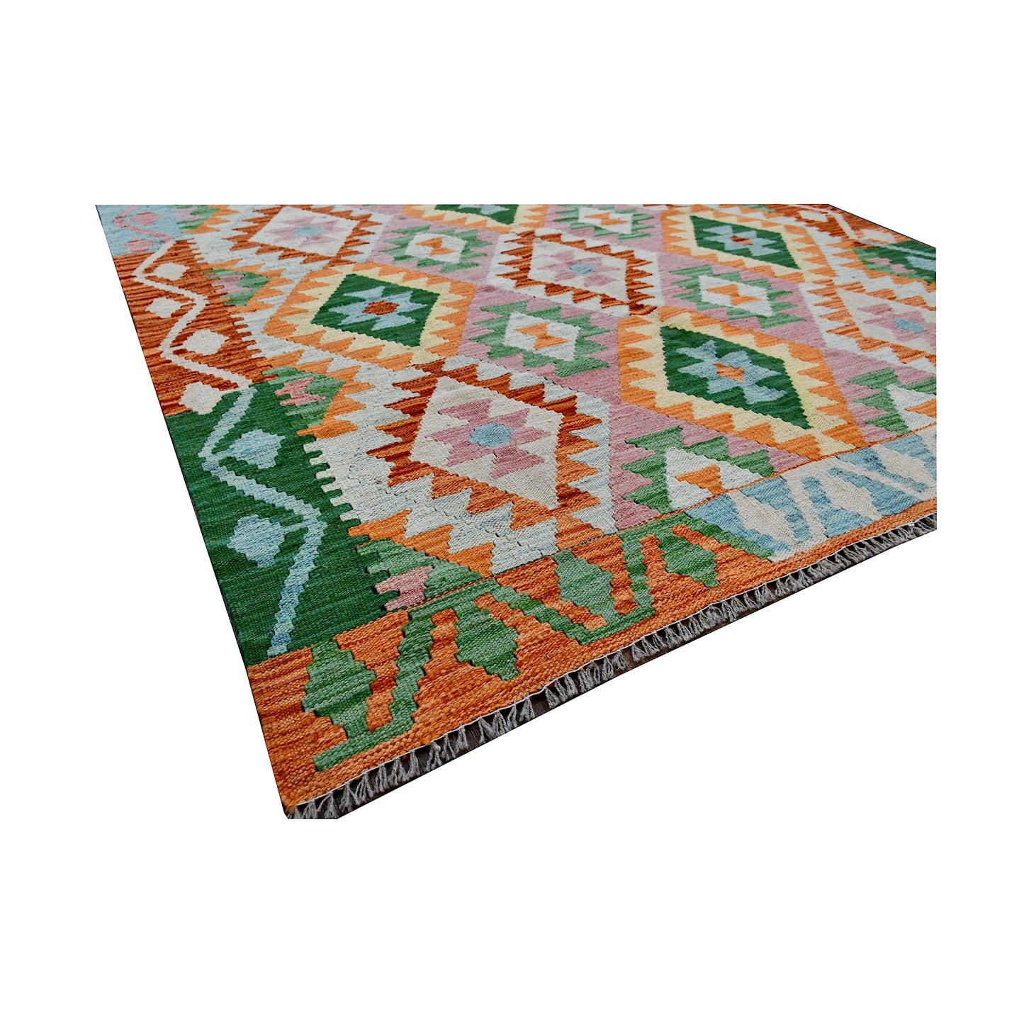Corner border detail of Afghan Chobi Kilim wool rug showing green side panel, orange border and multicolour flatweave pattern