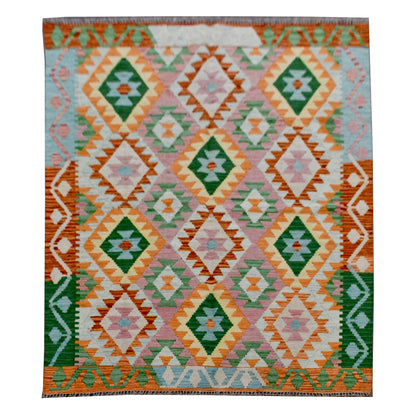 Afghan Chobi Kilim wool rug 193 x 153 cm full view with ivory field, green diamond lattice and orange border accents