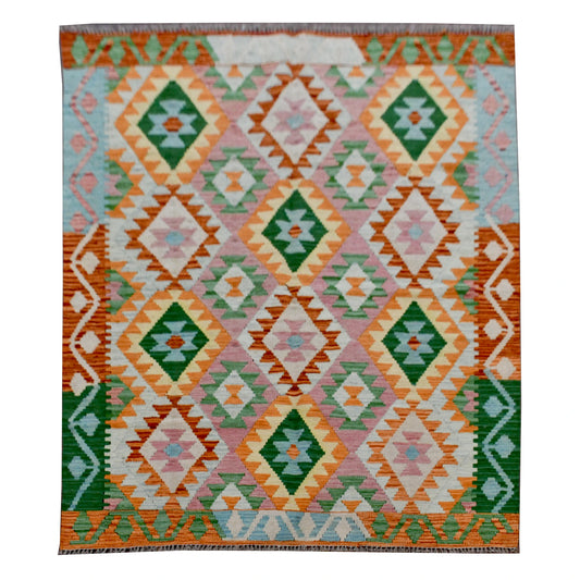 Afghan Chobi Kilim wool rug 193 x 153 cm full view with ivory field, green diamond lattice and orange border accents