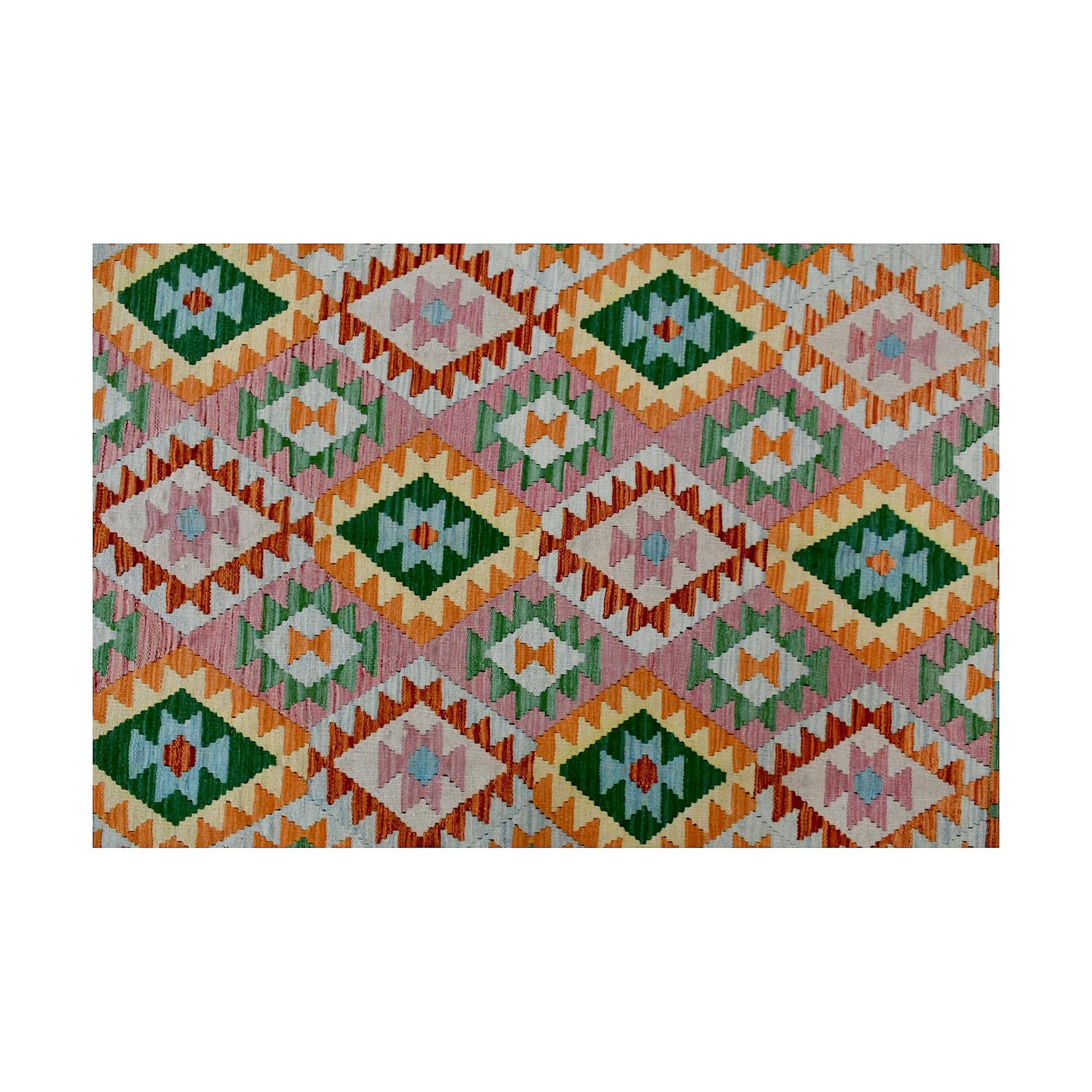 Pattern detail of Afghan Chobi Kilim wool rug with repeated green diamond motifs on an ivory geometric field