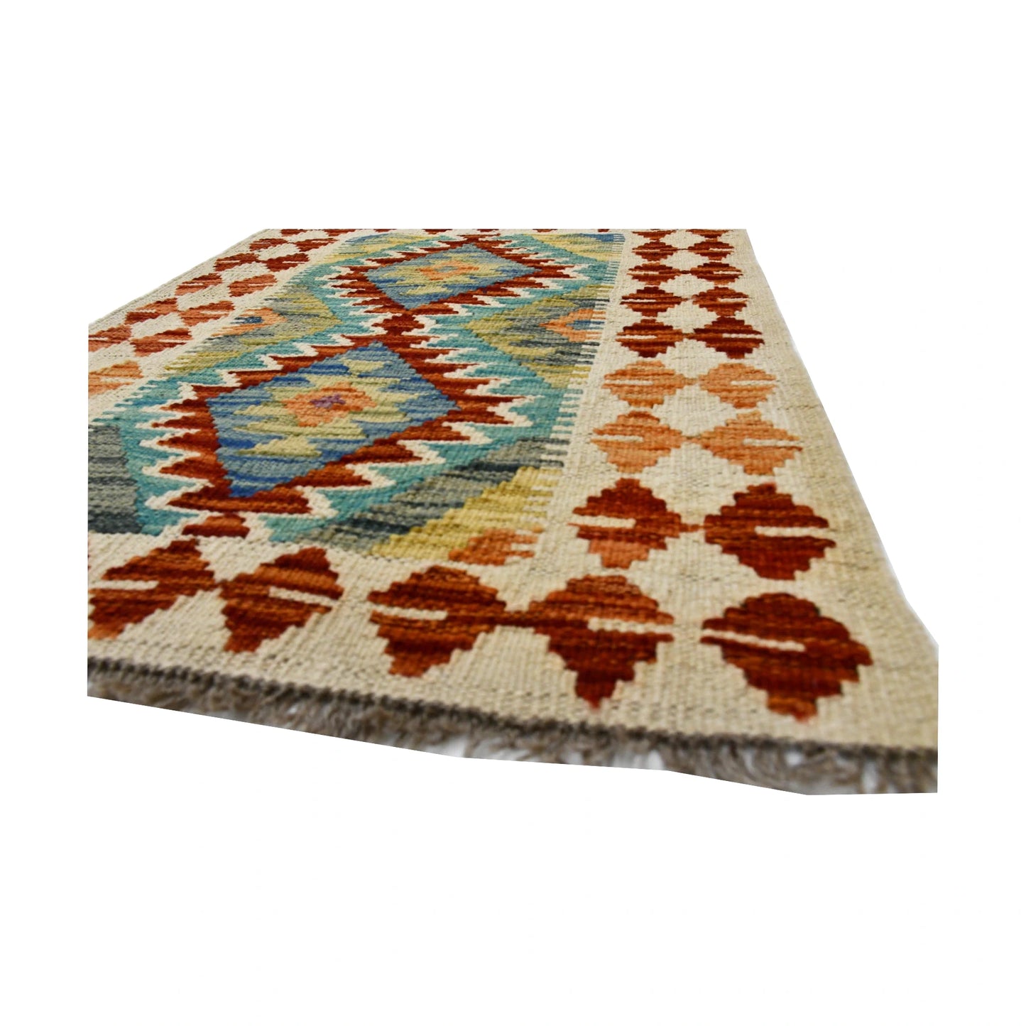 Angled corner and fringe detail of Afghan Chobi Kilim wool rug showing handwoven flatweave texture and rust border motifs