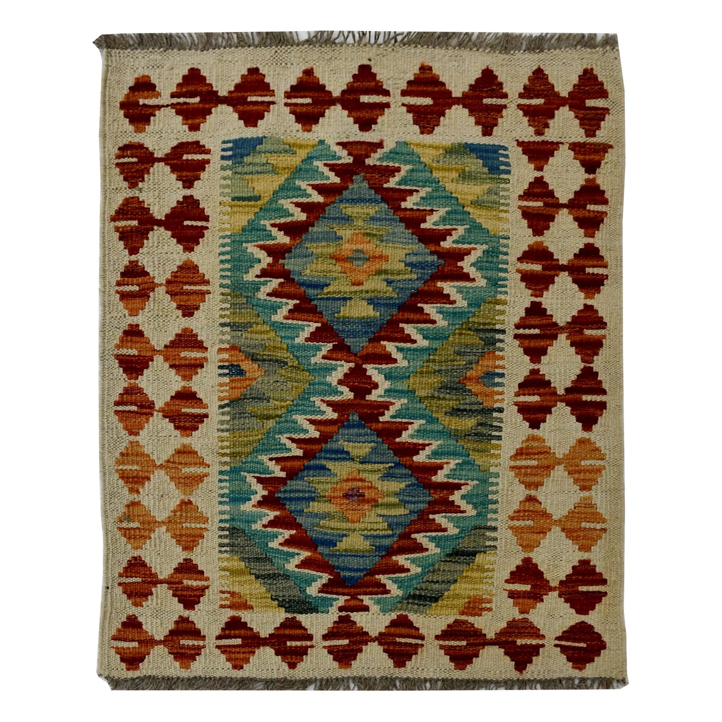 Afghan Chobi Kilim wool rug 75 x 60 cm full view with ivory ground, teal twin diamond medallions and fringe
