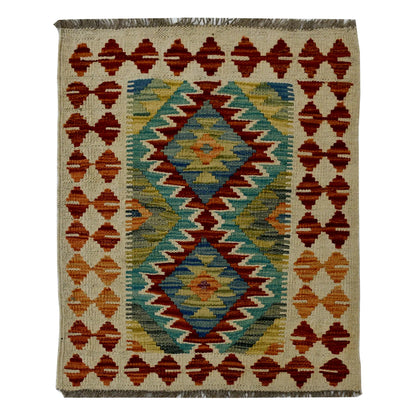 Afghan Chobi Kilim wool rug 75 x 60 cm full view with ivory ground, teal twin diamond medallions and fringe