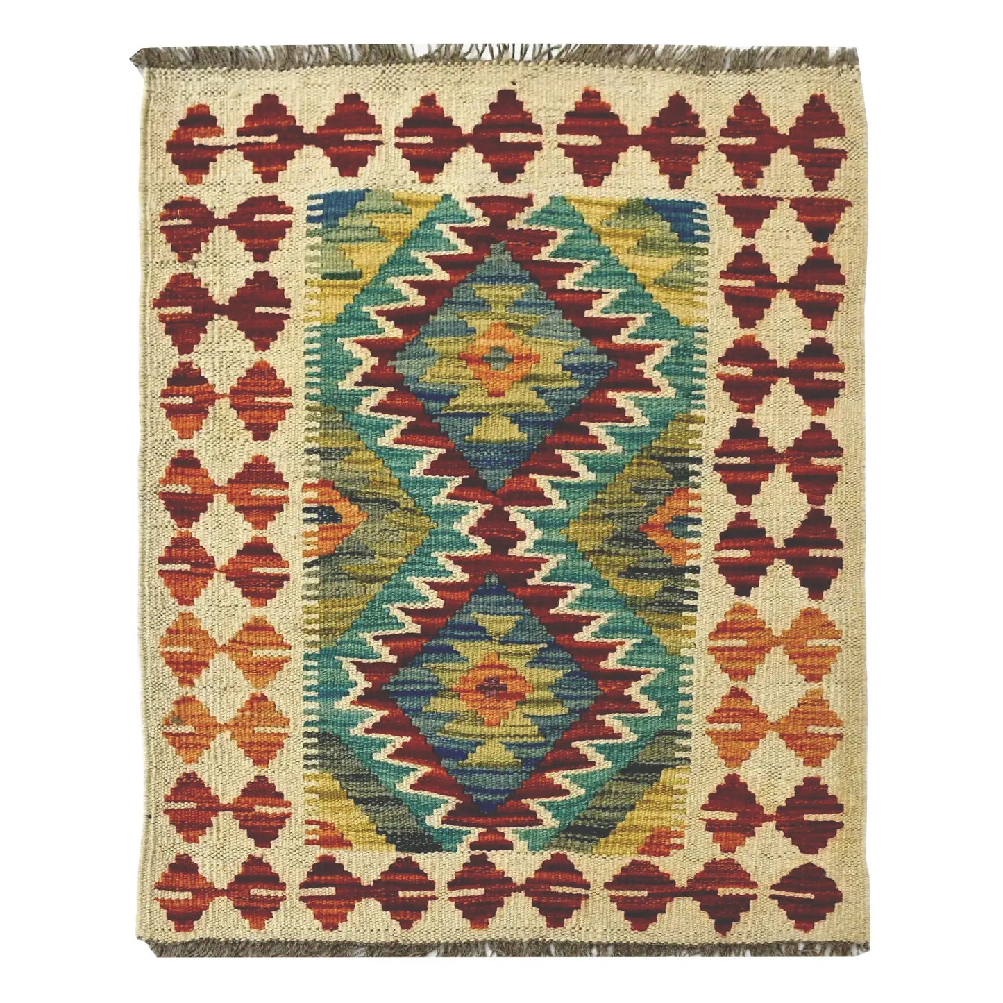 Afghan Chobi Kilim wool rug 75 x 60 cm full view with ivory ground, teal twin diamond medallions and fringe