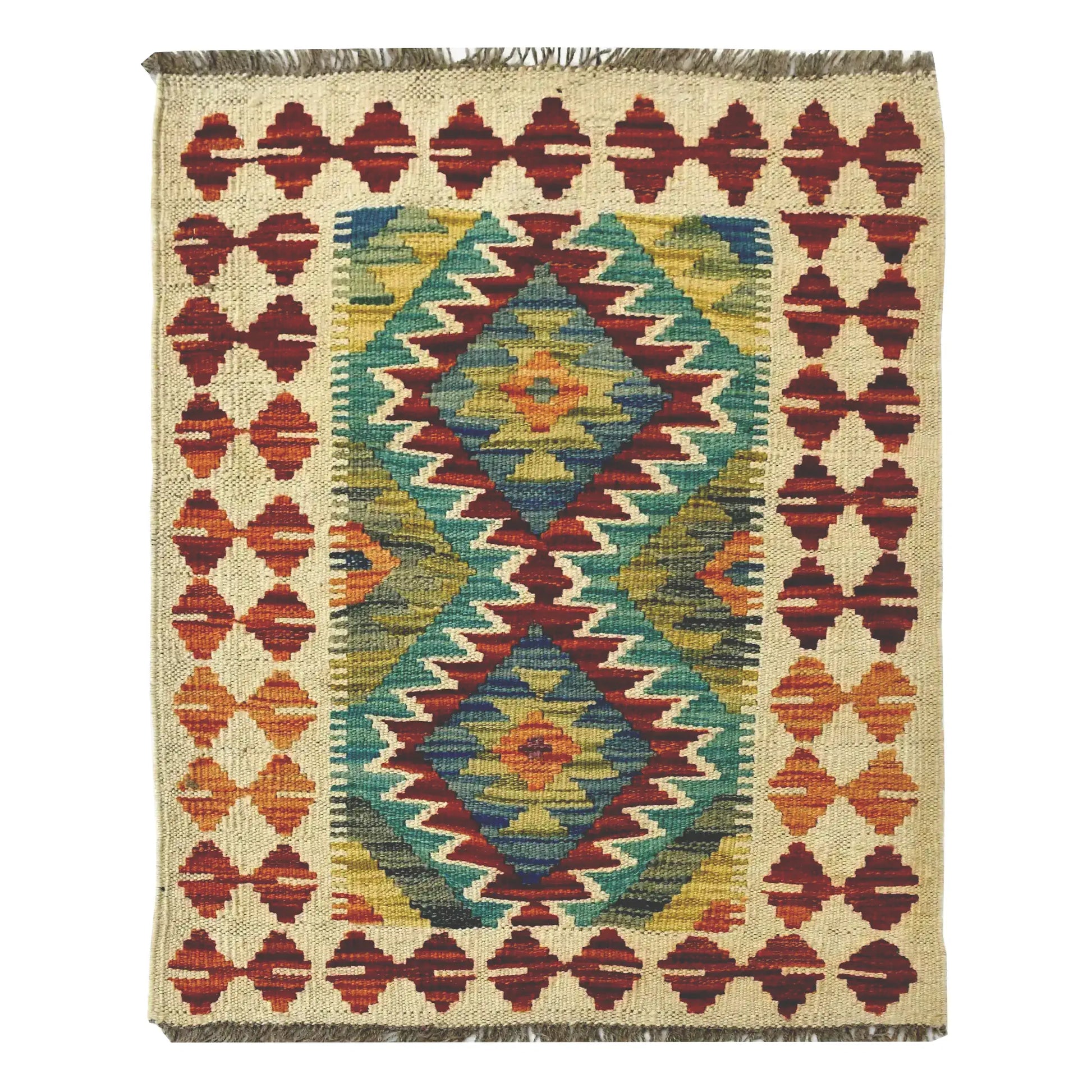 Afghan Chobi Kilim wool rug 75 x 60 cm full view with ivory ground, teal twin diamond medallions and fringe