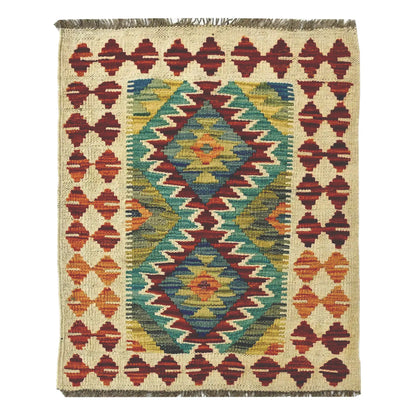 Afghan Chobi Kilim wool rug 75 x 60 cm full view with ivory ground, teal twin diamond medallions and fringe