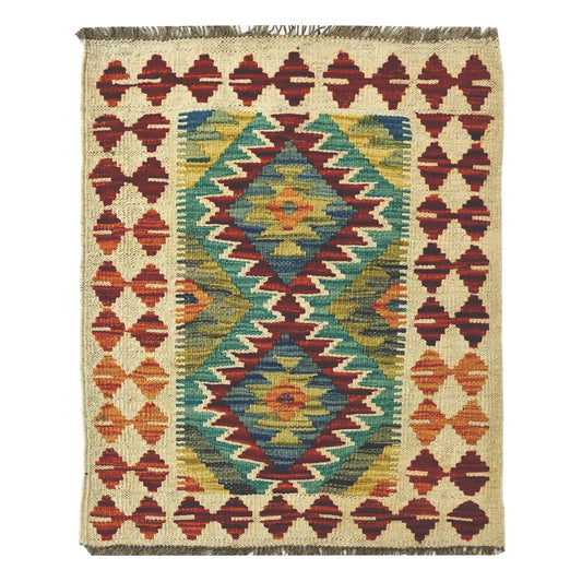 Afghan Chobi Kilim wool rug 75 x 60 cm full view with ivory ground, teal twin diamond medallions and fringe
