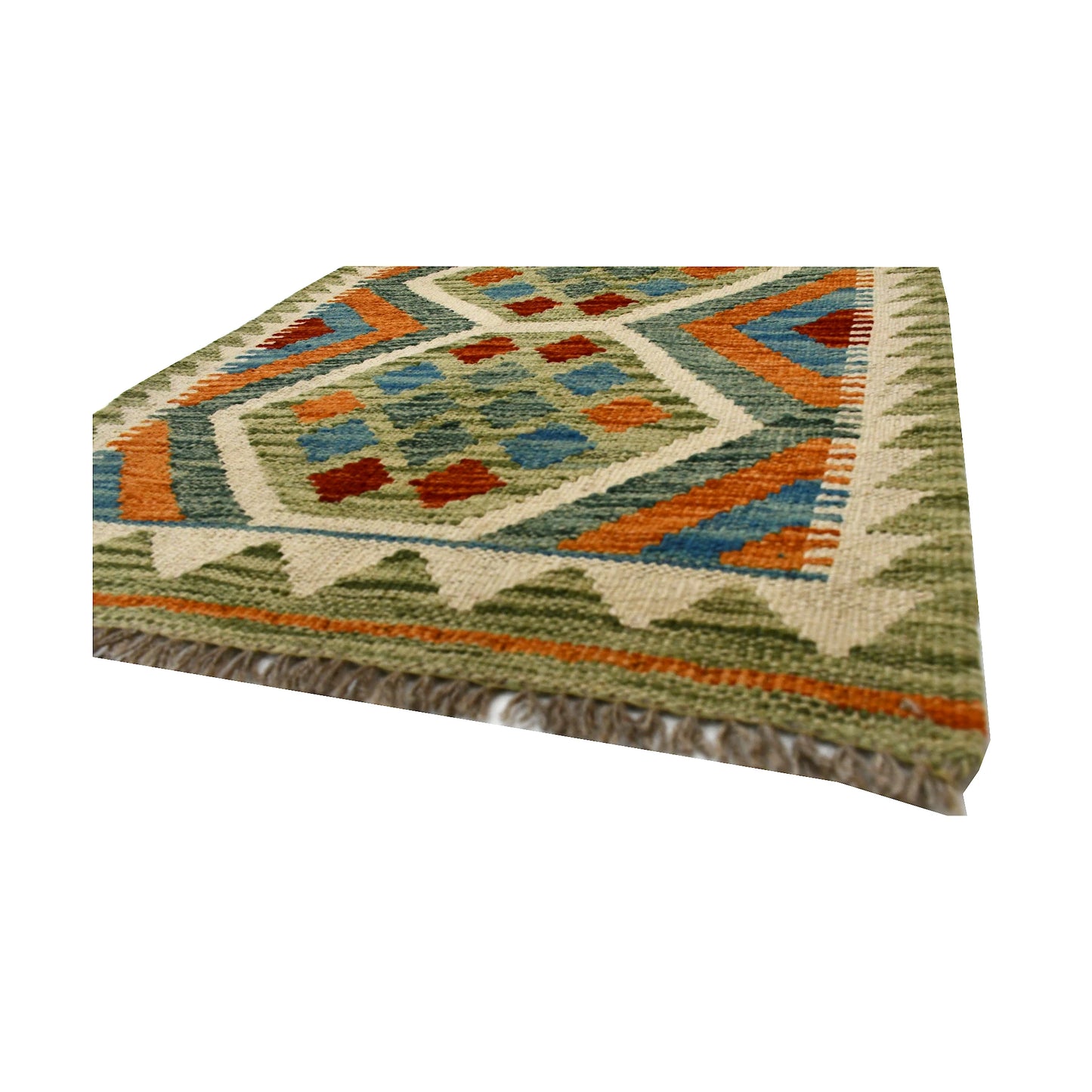Angled fringe and flatweave detail of Afghan Chobi Kilim wool rug showing ivory, teal, orange and sage green geometry