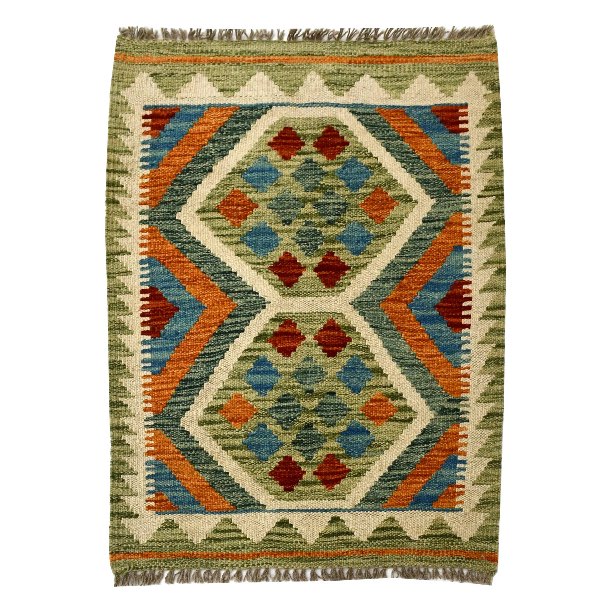 Afghan Chobi Kilim wool rug 76 x 57 cm full view with ivory ground, teal diamond panel and orange chevron pattern