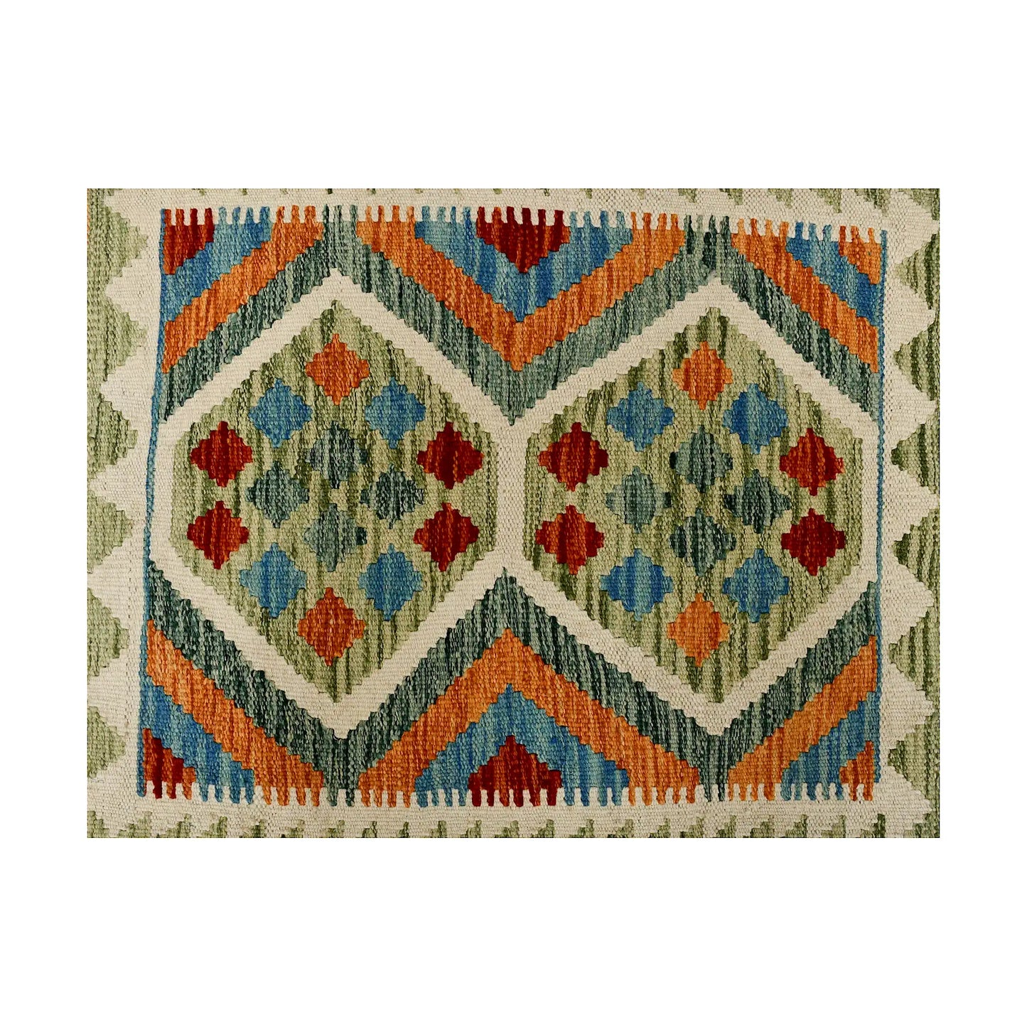 Close-up of Afghan Chobi Kilim wool rug showing ivory teal arrow diamond panel with rust, blue and olive details