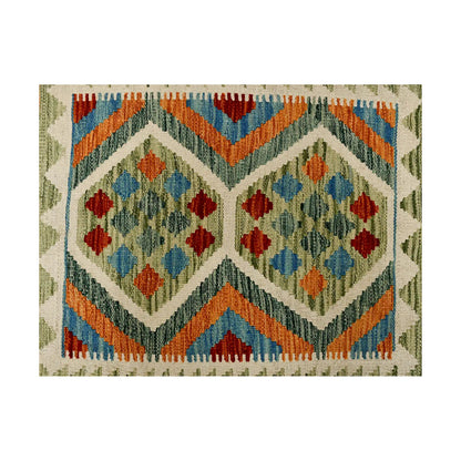 Close-up of Afghan Chobi Kilim wool rug showing ivory teal arrow diamond panel with rust, blue and olive details