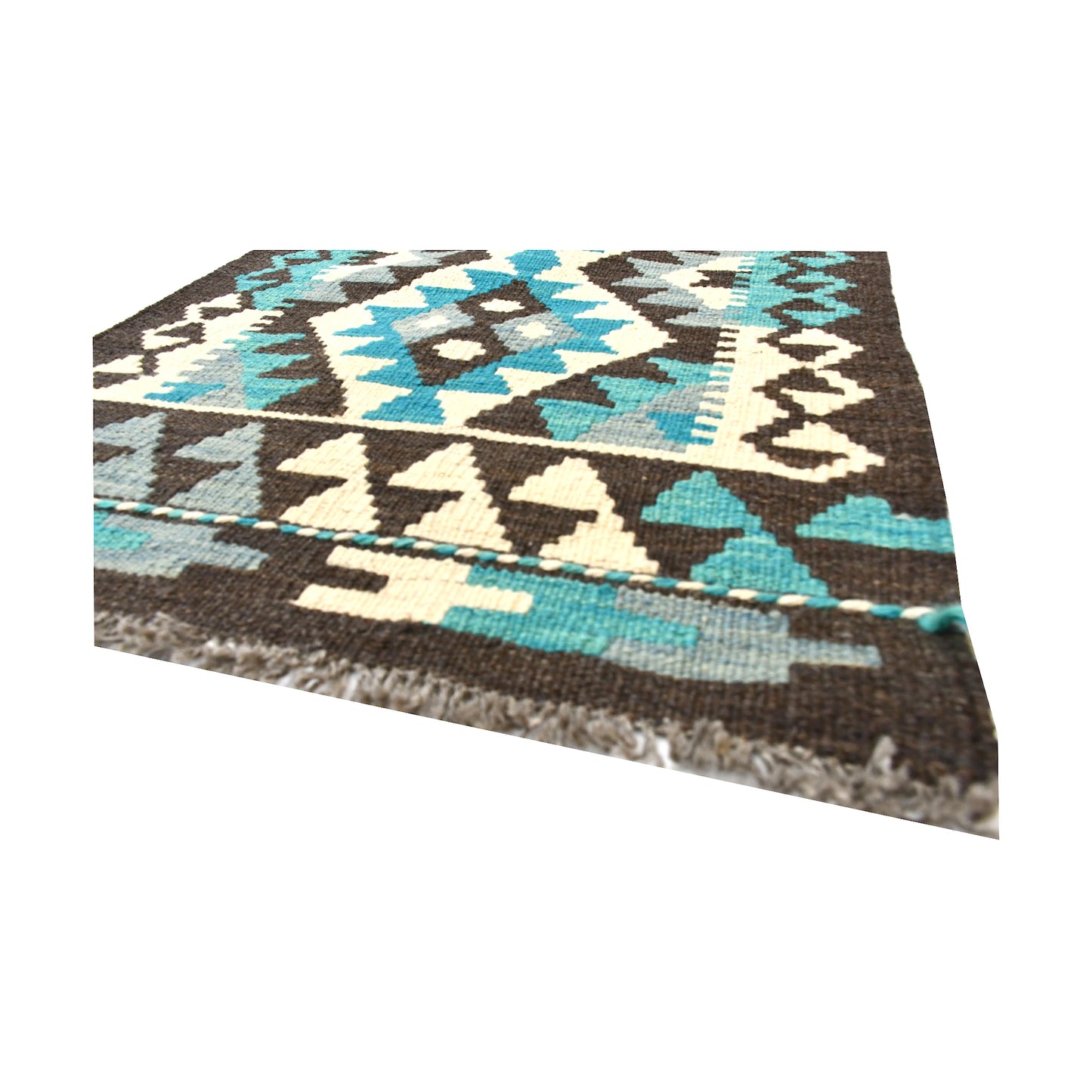 Angled fringe and flatweave detail of Afghan Chobi Kilim wool rug showing charcoal, turquoise, ivory and brown geometric pattern