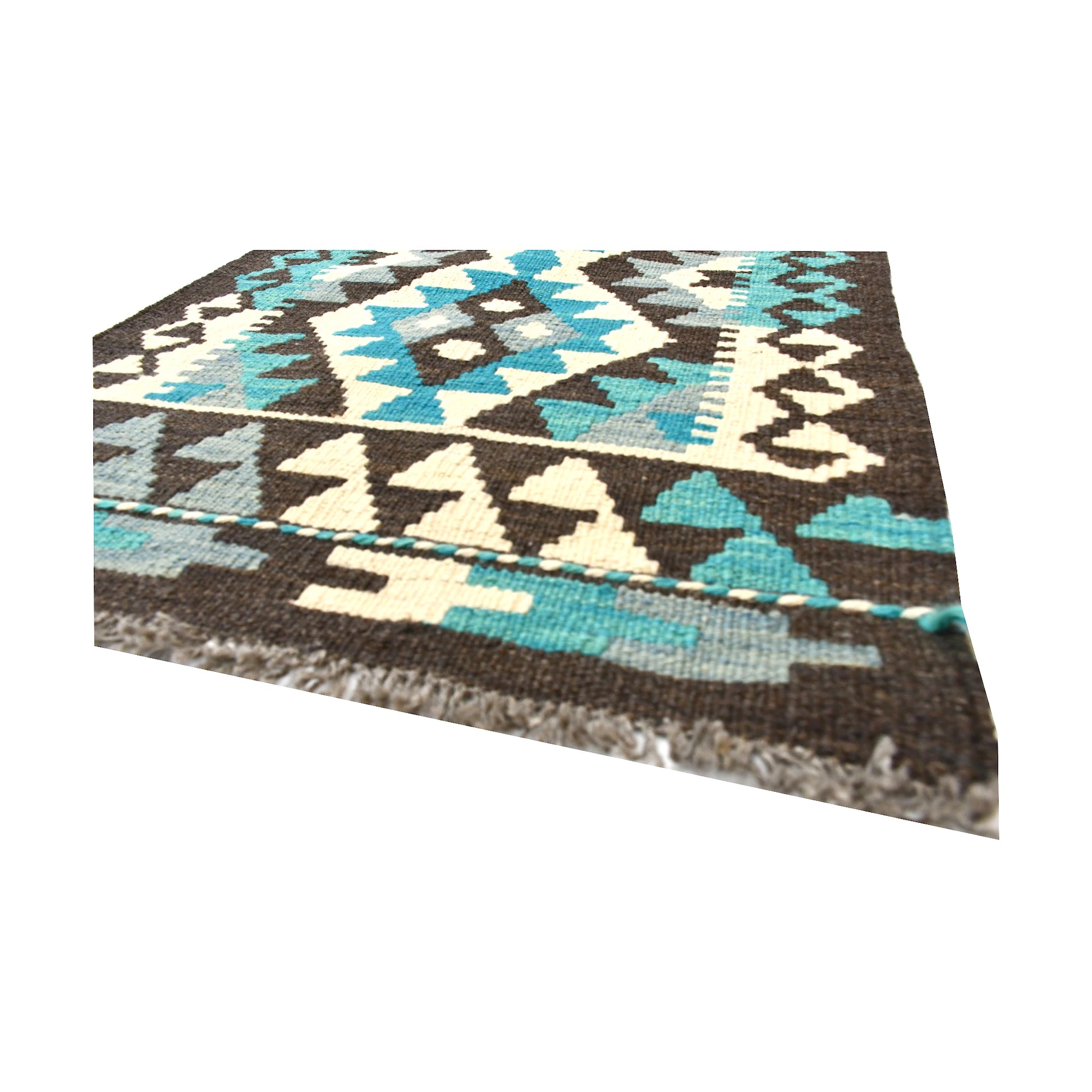 Angled fringe and flatweave detail of Afghan Chobi Kilim wool rug showing charcoal, turquoise, ivory and brown geometric pattern