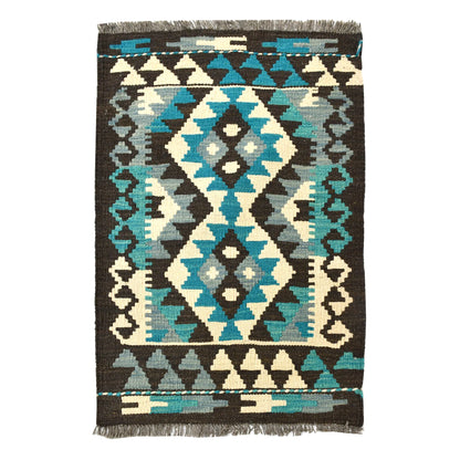 Afghan Chobi Kilim wool rug 80 x 56 cm full view with charcoal ground, turquoise twin diamond panel and fringe