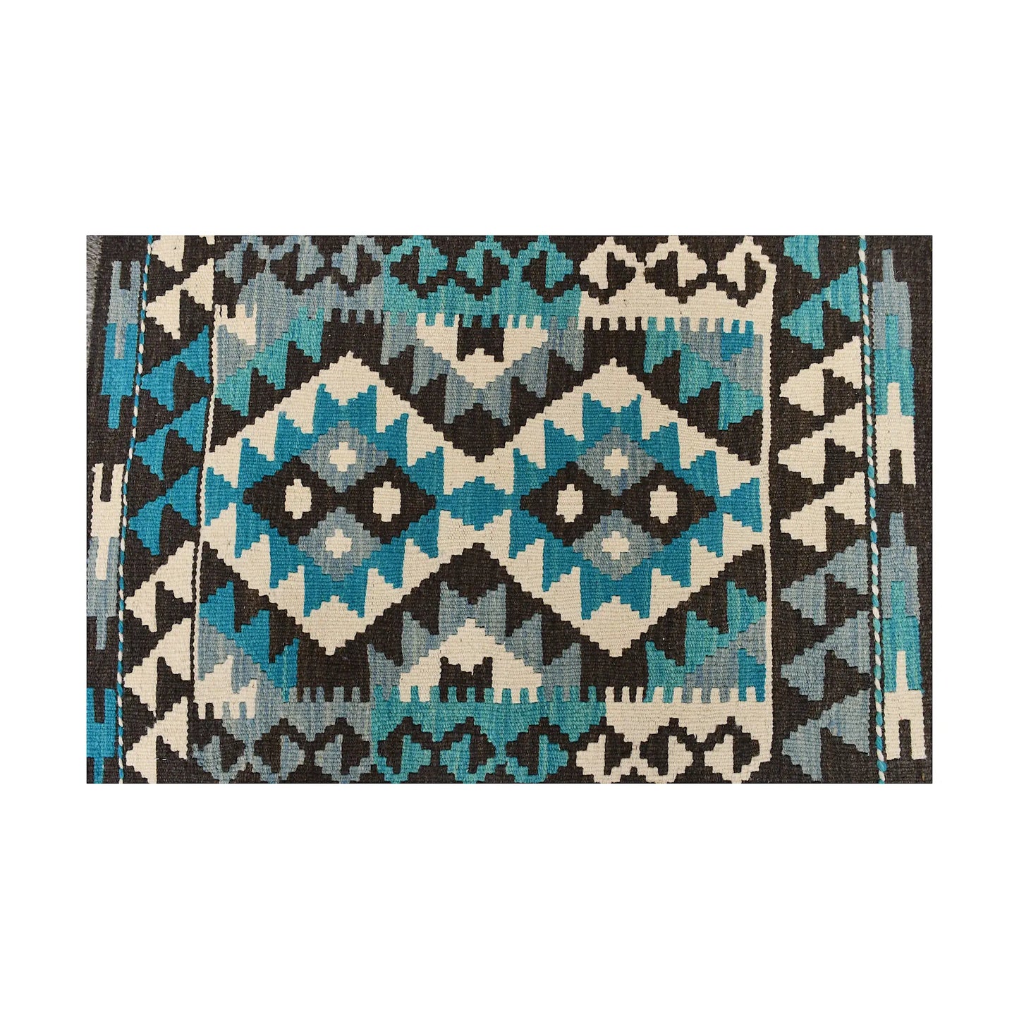 Close-up of Afghan Chobi Kilim wool rug showing charcoal turquoise twin diamond panel with ivory zigzag motifs
