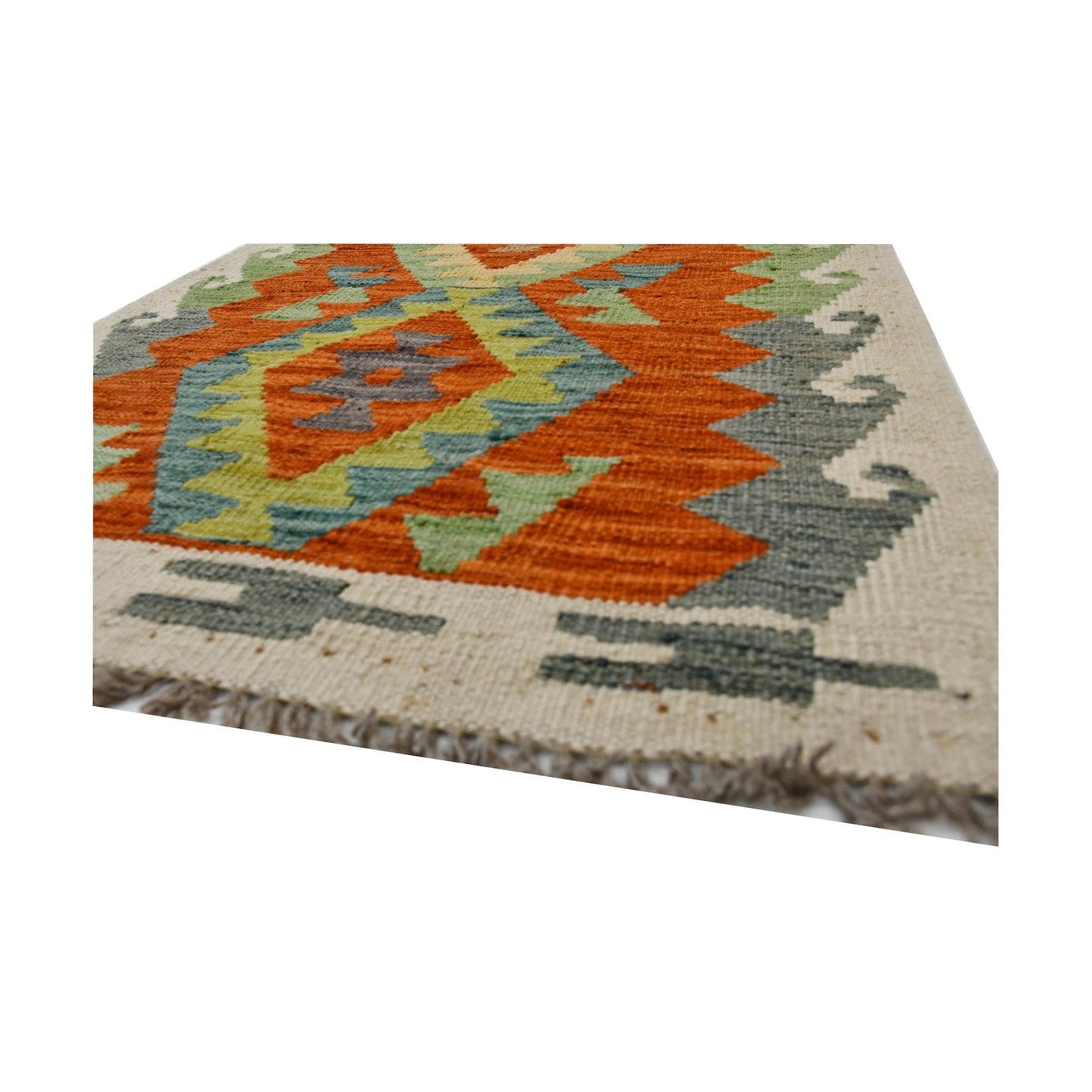 Angled fringe and flatweave detail of Afghan Chobi Kilim wool rug showing orange, teal, ivory and sage green geometric pattern