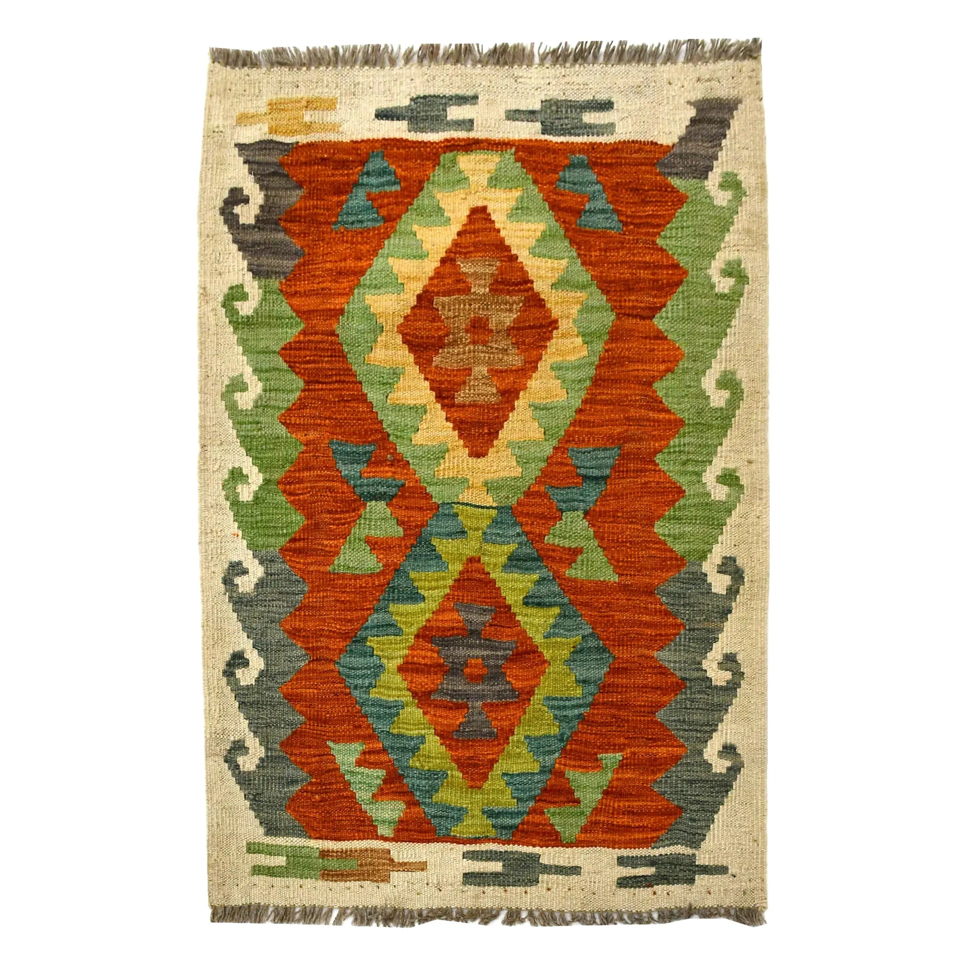 Afghan Chobi Kilim wool rug 82 x 62 cm full view with ivory ground, orange twin diamond panel and fringe