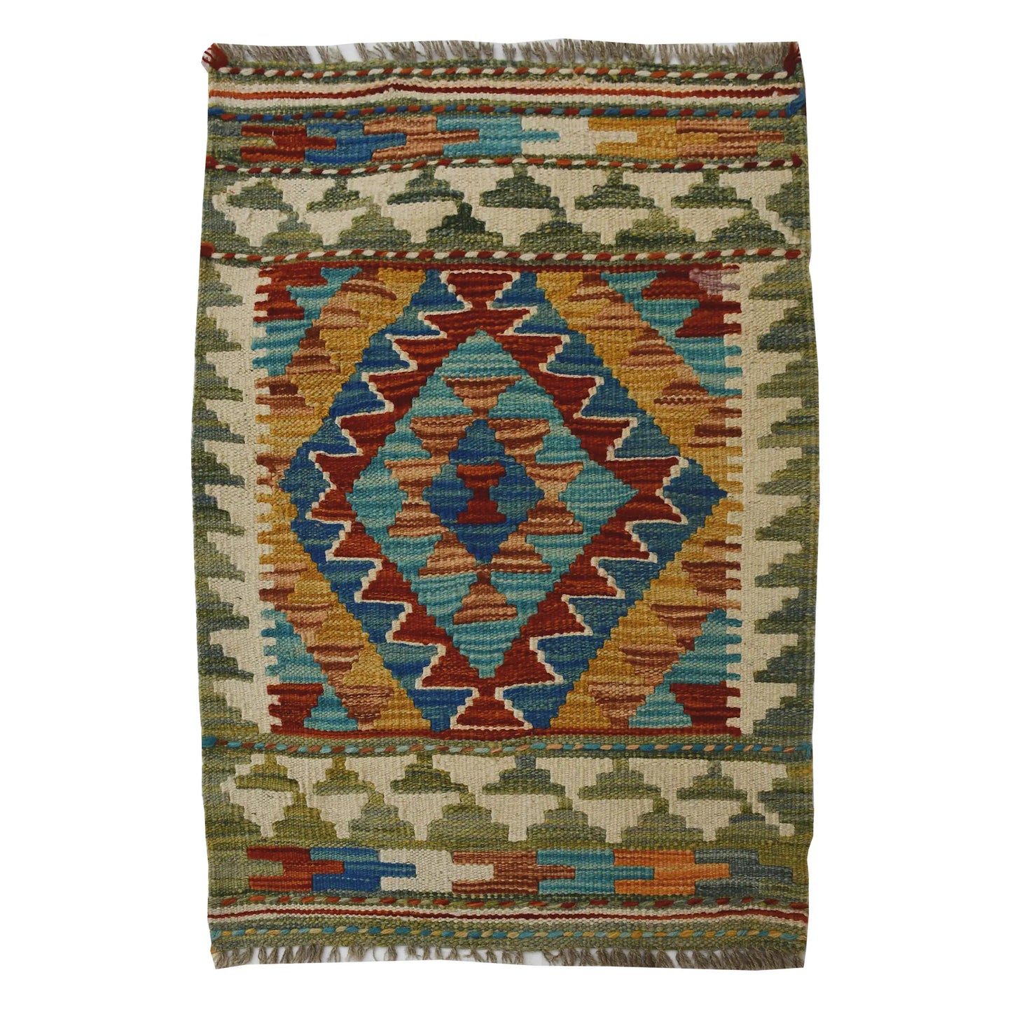Afghan Chobi Kilim wool rug 83 x 54 cm full view with ivory ground, central diamond medallion and fringe